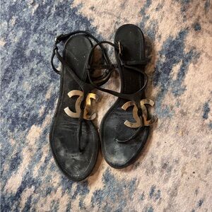 CHANEL Black Strappy Sandals with Gold CC Emblem